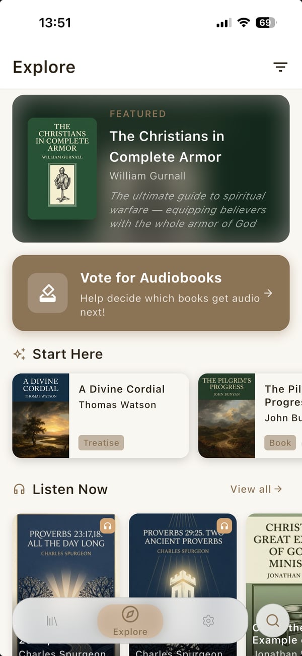 Christian Reader app Explore screen with featured books and audiobooks